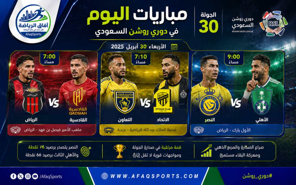 مباريات الأربعاء في دوري روشن السعودي النصر والأهلي والتعاون والاتحاد والرياض والقادسية