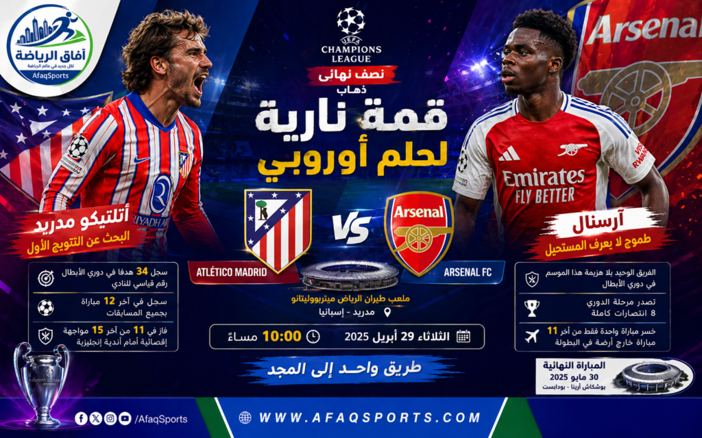 أتلتيكو مدريد وآرسنال.. قمة نارية في نصف نهائي دوري أبطال أوروبا يستضيف أتلتيكو مدريد الإسباني نظيره آرسنال الإنجليزي على ملعب طيران الرياض ميتروبوليتانو، في مواجهة مرتقبة ضمن ذهاب نصف نهائي دوري أبطال أوروبا، وسط طموحات كبيرة من الفريقين للاقتراب من النهائي وتحقيق حلم التتويج القاري الأول في تاريخهما. طموح مشترك نحو النهائي يدخل الفريقان اللقاء برغبة قوية في كتابة صفحة جديدة في تاريخهما الأوروبي، حيث يطمح كل طرف إلى بلوغ المباراة النهائية المقرر إقامتها على ملعب بوشكاش أرينا في العاصمة المجرية بودابست يوم 30 مايو المقبل. ويخوض أتلتيكو مدريد نصف النهائي للمرة السابعة في تاريخه، والأولى منذ موسم 2016/2017، بعدما تجاوز برشلونة بصعوبة في ربع النهائي بنتيجة 3-2 في مجموع المباراتين. أتلتيكو بهوية هجومية جديدة رغم ارتباط أتلتيكو مدريد تاريخيًا بالصلابة الدفاعية تحت قيادة دييغو سيميوني، فإن الفريق ظهر هذا الموسم بوجه هجومي لافت، بعدما سجل رقمًا قياسيًا خاصًا به في دوري الأبطال بإحراز 34 هدفًا. كما يدخل الفريق الإسباني اللقاء بمعنويات مرتفعة، بعد نجاحه في التسجيل خلال آخر 12 مباراة بجميع المسابقات، لكنه يدرك صعوبة المهمة أمام آرسنال، خاصة بعد خسارته أمامه برباعية نظيفة في مرحلة الدوري. آرسنال يبحث عن المجد الأوروبي على الجانب الآخر، يواصل آرسنال موسمه الأوروبي المميز تحت قيادة ميكيل أرتيتا، بعدما بلغ نصف نهائي دوري الأبطال للمرة الثانية تواليًا، والرابعة في تاريخه. ويُعد آرسنال الفريق الوحيد الذي لم يتعرض لأي هزيمة في البطولة هذا الموسم، بعدما حقق 10 انتصارات وتعادلين، كما يملك سجلًا قويًا خارج ملعبه، حيث خسر مباراة واحدة فقط من آخر 11 مواجهة خارج الديار في دوري الأبطال. الغيابات تضرب الفريقين يفتقد أتلتيكو مدريد خدمات بابلو باريوس وخوسيه خيمينيز بسبب الإصابة، مع وجود شكوك حول مشاركة عدد من اللاعبين، أبرزهم جوليان ألفاريز وديفيد هانكو. أما آرسنال، فيغيب عنه ميكيل ميرينو ويوريان تيمبر، بينما تحوم الشكوك حول جاهزية ريكاردو كالافيوري وكاي هافيرتز وإيبيريتشي إيزي ومارتن زوبيميندي. تحليل المباراة تبدو المواجهة مفتوحة على كل الاحتمالات، إذ يمتلك أتلتيكو أفضلية الأرض والجمهور، إلى جانب خبرة كبيرة في الأدوار الإقصائية، بينما يدخل آرسنال اللقاء بثقة عالية واستقرار فني واضح. وقد تكون المعركة الأبرز في وسط الملعب، حيث سيحاول أتلتيكو إغلاق المساحات والاعتماد على التحولات السريعة، بينما سيبحث آرسنال عن فرض الاستحواذ واستغلال سرعة الأطراف، خاصة مع احتمالية مشاركة بوكايو ساكا أساسيًا.