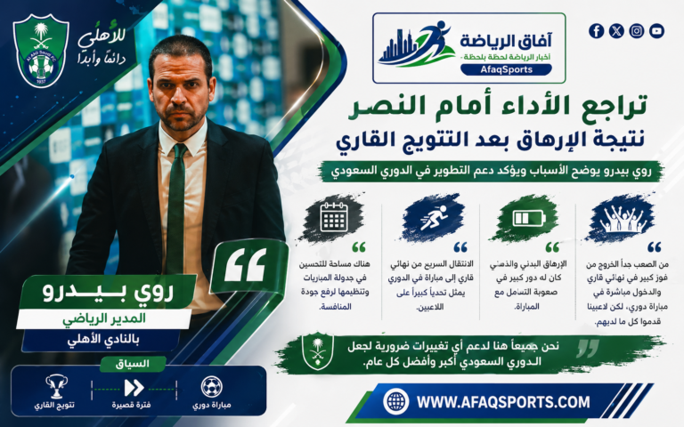 تصريحات روي بيدرو المدير الرياضي للنادي الأهلي حول أسباب تراجع أداء الفريق بعد النهائي القاري أمام النصر في الدوري السعودي