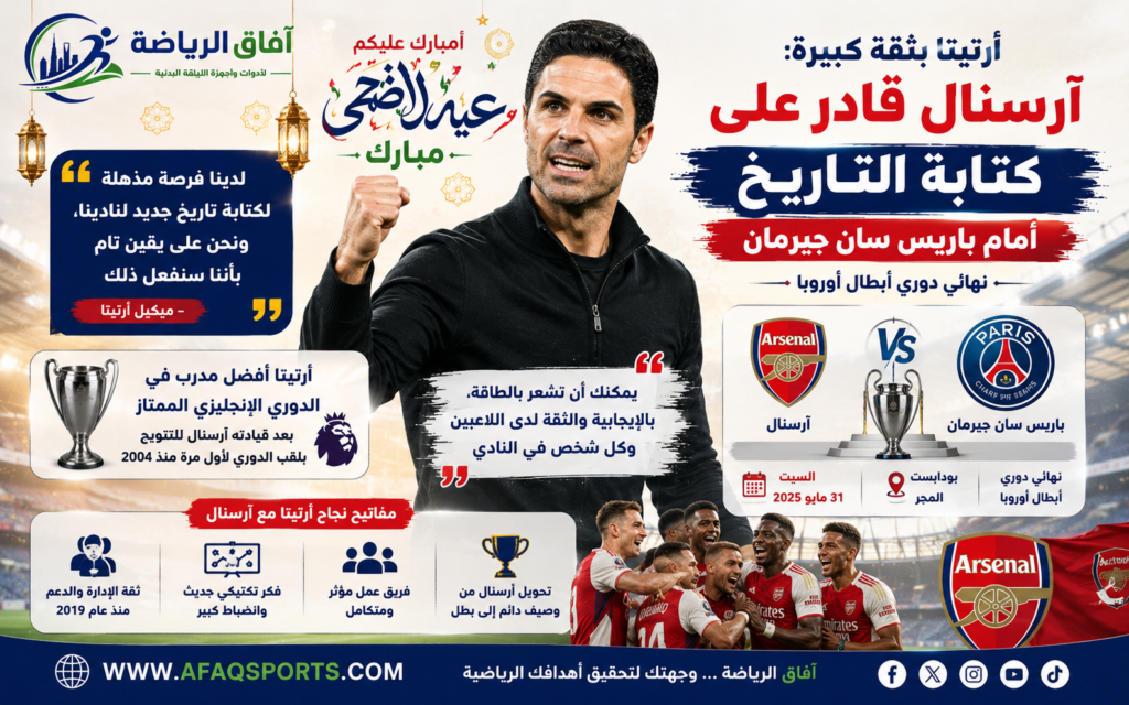 أعرب الإسباني ميكيل أرتيتا، المدير الفني لفريق آرسنال الإنجليزي، عن ثقته الكبيرة في قدرة فريقه على كتابة فصل تاريخي جديد، من خلال التتويج بأول لقب في تاريخ النادي بدوري أبطال أوروبا، عندما يواجه باريس سان جيرمان في النهائي المرتقب بمدينة بودابست.ويدخل آرسنال المواجهة الأوروبية الكبرى بمعنويات مرتفعة، بعد تتويجه بلقب الدوري الإنجليزي الممتاز للمرة الأولى منذ عام 2004، وهو الإنجاز الذي منح الفريق دفعة نفسية هائلة قبل نهائي القارة.