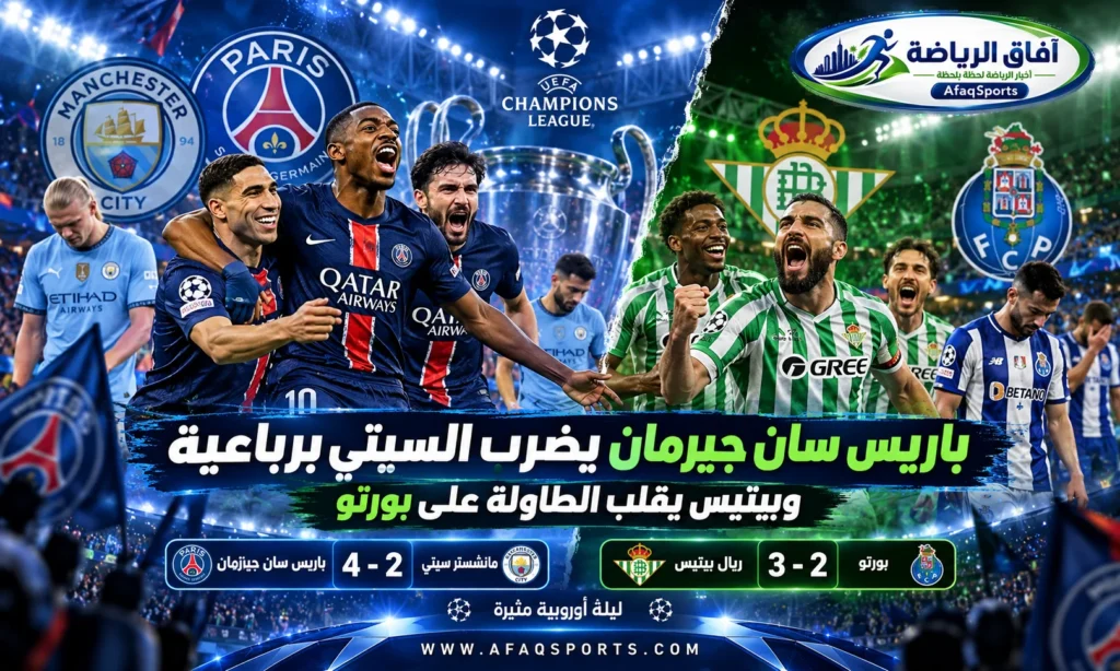 لاعبو باريس سان جيرمان يحتفلون بعد الفوز على مانشستر سيتي في دوري أبطال أوروبا، وريال بيتيس يحقق فوزًا على بورتو في الجولة الثانية.